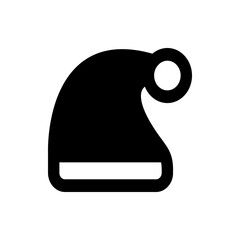 Illustration of a black santa hat with a rounded pom pom and a white brim on a plain white background