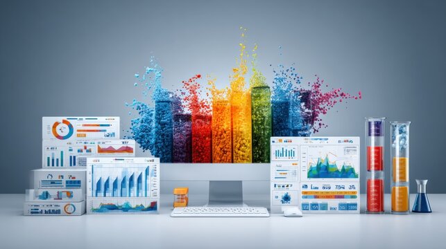 Data Visualization Concept: Business Analytics on Multiple Screens with Colorful Splash and Scientific Equipment