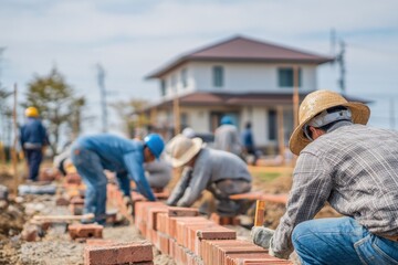Construction Workers Laying Bricks for a New House Foundation on a Sunny Day