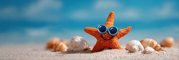 Funny starfish on sandy beach with seashells, summer vacation concept, kids entertainment and travel banner