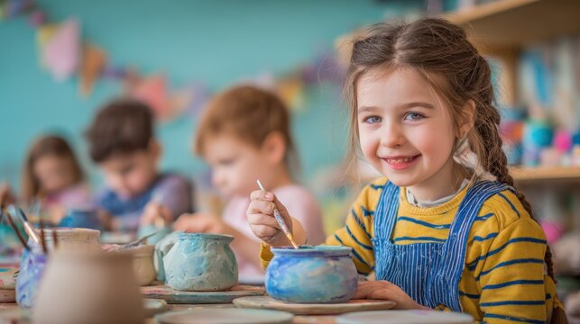 Creative Pottery Class: Young Girl Smiling While Painting Ceramic Bowl in Art Studio