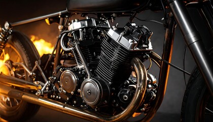 Fototapeta premium Close-up of a customized motorcycle engine, flames subtly visible near the wheel