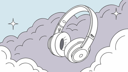 Illustration of wireless bluetooth headphones for music lovers and audiophiles with clouds and stars drawn