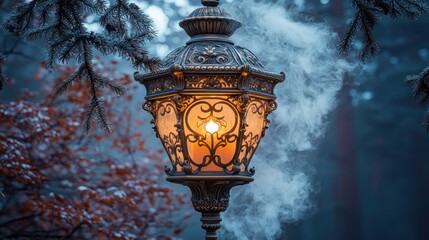 Naklejka premium Vintage lantern illuminating a winter forest scene