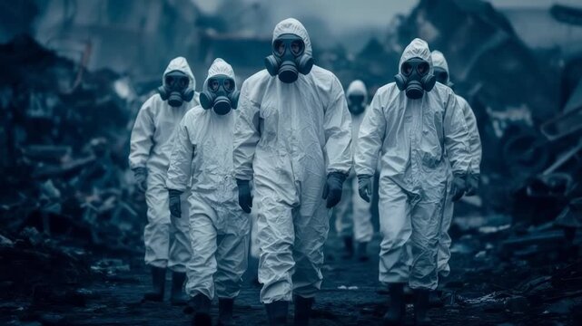 Team in hazmat suits walking through a contaminated, post-apocalyptic landscape