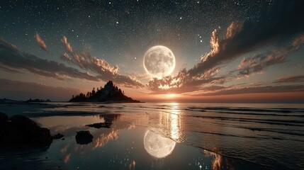 Full moon over a tranquil coastal scene at sunrise, reflected in calm water