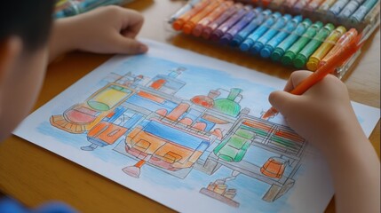 Child Artist Creating Colorful Abstract Painting with Crayons on Paper, Close-up Shot, Inspiring Creativity