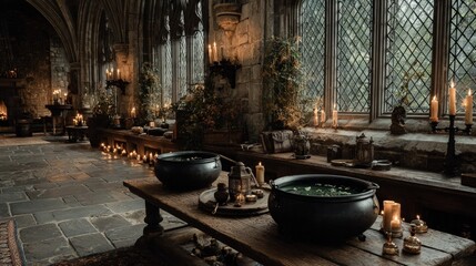 Gothic hall with large cauldrons, candles, and floral displays