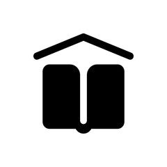 Illustration of a stylized building with a roof and two rounded rectangular structures on either side of center