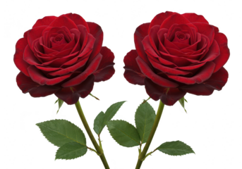 Two perfect red roses with green leaves isolated on transparent background