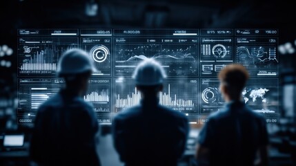 Industrial Workers Analyzing Data on a Large Screen in a Factory Setting, showcasing Technology and Innovation