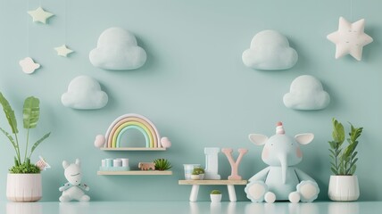 3D podium featuring a blue cloud background and rainbow, ideal for showcasing baby products in a playful room or toy store setting.