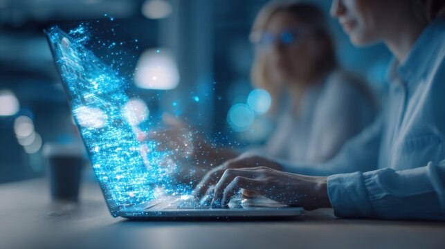 Businesswoman coding on laptop, augmented reality display showing data analysis and cybersecurity, software engineering