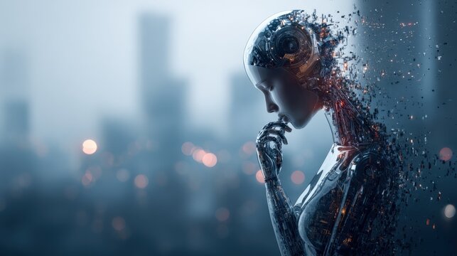 Futuristic Robot Woman Dissolving in a Cityscape: Conceptual AI Image Depicting Technological Singularity and Digital Transformation - Powered by Adobe