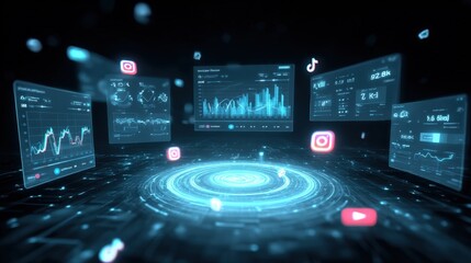 Social Media Analytics Dashboard Displaying Data Insights with Abstract Technology Background for Marketing Strategy