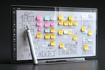 Interactive Whiteboard Display with Sticky Notes and Pen for Collaborative Brainstorming and Project Planning
