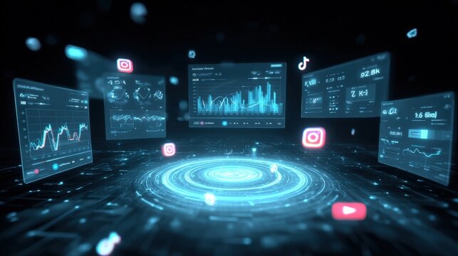 Social Media Analytics Dashboard Displaying Data Insights with Abstract Technology Background for Marketing Strategy