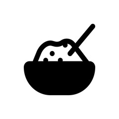 Illustration of a black bowl filled with food and a spoon resting inside the bowl with the food item
