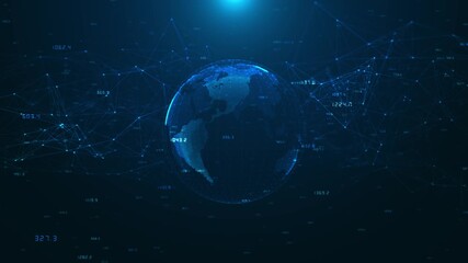 Rotating Earth digital dots, glowing plexus network, global data, futuristic visualization of connection, communication, technology, artificial intelligence, blockchain system, digital information hub - Powered by Adobe