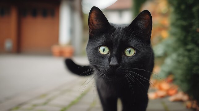 Elegant Black Cat with Striking Green Eyes Stares Directly at Camera, Expressing Curiosity