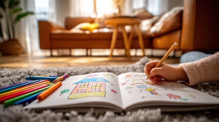 Obraz premium Child's Drawing on a Fluffy Rug: Creative Expression and Artistic Exploration in a Cozy Home Environment