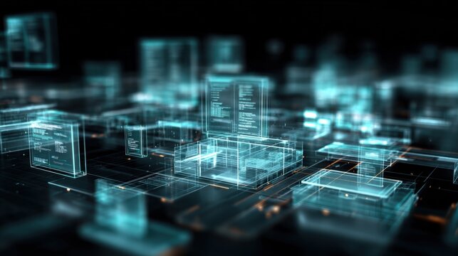 Abstract Digital Cityscape Visualization: Futuristic Technology Concept with Glowing Outlines and Complex Data Structures