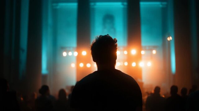 Silhouette of a man watching an event in a hall with glowing lights and audience
