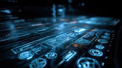 Futuristic Interface Display with Glowing Blue Graphics and Data Visualization for Technology and Innovation