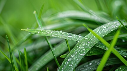 A close-up of grass blades glistening with morning dew.
