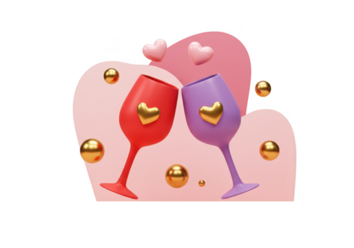 Couple toasting with red and purple wine glasses adorned with golden hearts and festive balls, celebrating love isolated on transparent background