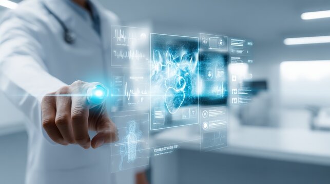 Doctor interacts with medical data on a futuristic interface for diagnostics and patient care