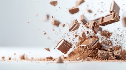 Chocolate bar exploding into chunks with cocoa flying through the air.