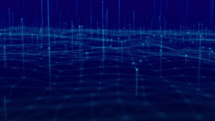 Animated plexus structure displays dynamic pattern lines rising particles. flowing digital mesh symbolizes network systems, futuristic data transmission, cyber intelligence, artificial technology. - Powered by Adobe