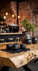 Rustic cafe interior, dark-toned table setting