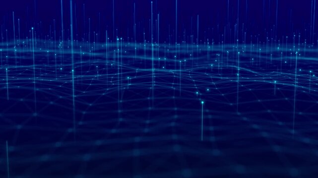 Animated plexus structure displays dynamic pattern lines rising particles. flowing digital mesh symbolizes network systems, futuristic data transmission, cyber intelligence, artificial technology. - Powered by Adobe