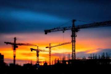 Silhouette of construction cranes at sunset, vibrant sky, development and industrial growth