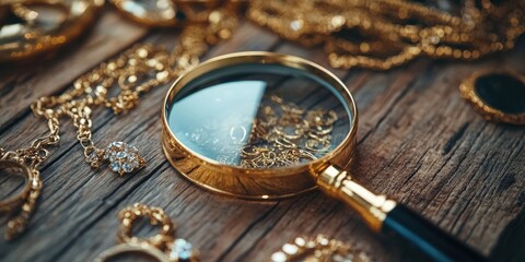 A magnifying glass over gold jewelry on a wooden table, symbolizing the importance of golden cash for broken and old necklaces.