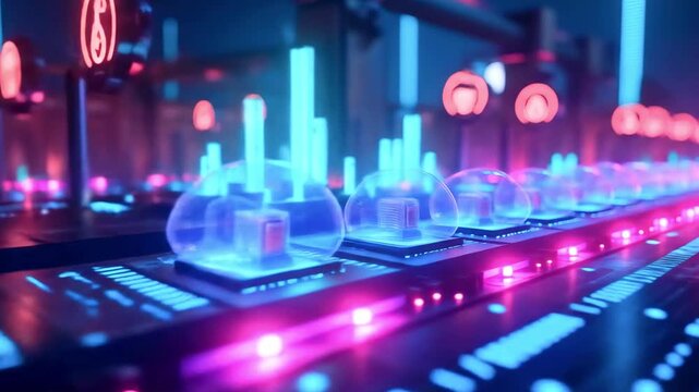 Futuristic control panel with glowing buttons and indicators in a high-tech environment