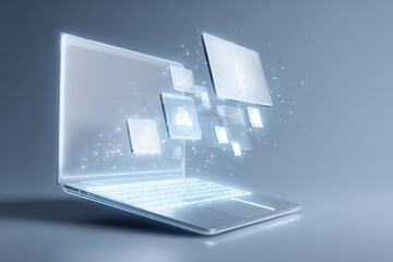 Futuristic Laptop Displaying Floating Digital Interfaces, Representing Cloud Computing, Data Transfer, and Modern Technology