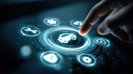 Automotive Digital Interface: Finger Touching Car Service Icon on Touchscreen Display