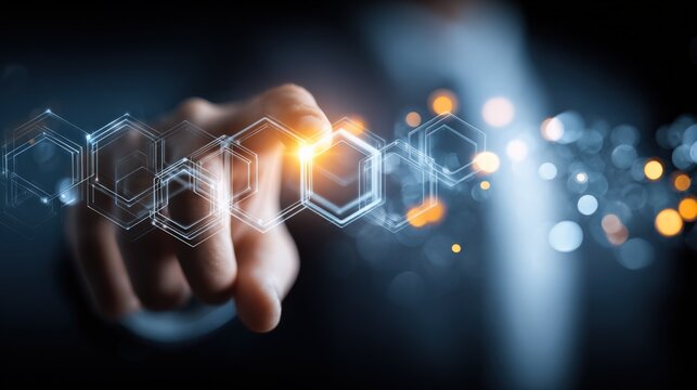 Human Hand Touching Digital Interface with Hexagonal Grid Overlay, Innovative Technology Concept, Futuristic Design