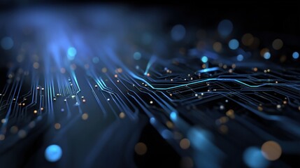 Abstract Circuit Board Design with Glowing Light Streaks, Emphasizing Connectivity and Innovation