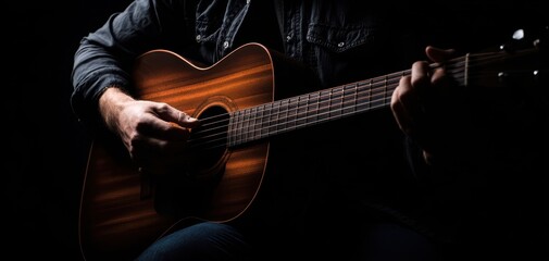The musician strumming an acoustic guitar in a moody setting.