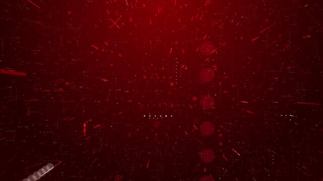 Abstract animation red algorithms moving through virtual space creates intense tech atmosphere. cybersecurity themes, futuristic tech, AI interfaces, blockchain data visualizations, high-speed