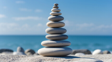 Stacked smooth stones balanced on sandy beach with ocean background stacked stones