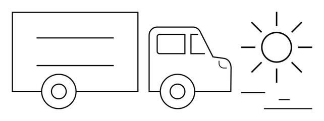 Fototapeta premium Minimalistic truck illustration under shining sun with lines denoting movement. Ideal for delivery, transport, logistics, sustainability, freight, efficiency, simple landing page