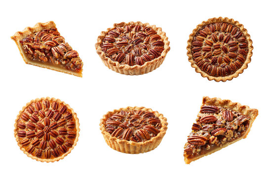 Collection of Sliced and Whole Pecan Pies on Transparent Background for Easy Integration