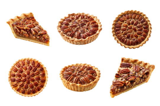 Collection of Sliced and Whole Pecan Pies on Transparent Background for Easy Integration