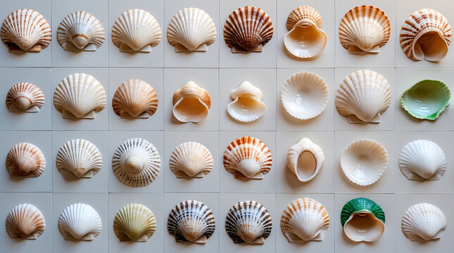 Various Seashells Displayed in a Grid scallop shells bivalve shells