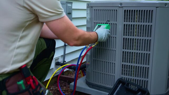 HVAC service worker diagnoses or repairs air conditioner compressor. HVAC Maintenance Service process